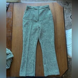 Zara Textured Weave Crop Flare Pants in Green Navy Ivory Houndstooth
